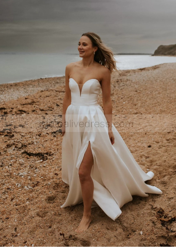 Strapless Ivory Satin Slit Wedding Dress With Pockets